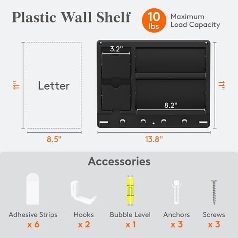 Lifewit Plastic Bedside Shelf, Adhesive Floating Shelves, Key Remote Control Holder, Wall Organizer for Glasses, Phone, Earbuds, Bedroom Decor, Dorm Room Essentials, Black in Kuwait