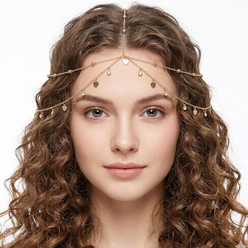 Gold Head Chain, Egyptian Forehead Headpiece Bohemian Hair Jewelry Headpiece Heart Sequin Head Chain Boho Wedding Bridal Jewelry Headchains Gold Layered Rhinestone Hair Chains for Women in Kuwait