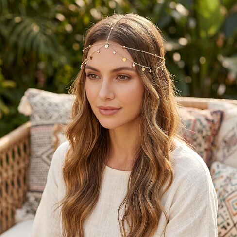 Gold Head Chain, Egyptian Forehead Headpiece Bohemian Hair Jewelry Headpiece Heart Sequin Head Chain Boho Wedding Bridal Jewelry Headchains Gold Layered Rhinestone Hair Chains for Women in Kuwait
