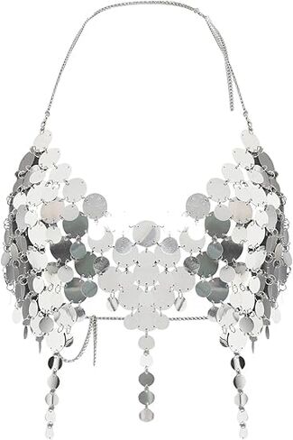 Women's Metallic Sequin Halter Body Chain Top, Adjustable Size, Backless Design, Festival Rave Outfit（Silver） in Saudi Arabia