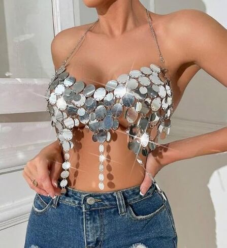 Women's Metallic Sequin Halter Body Chain Top, Adjustable Size, Backless Design, Festival Rave Outfit（Silver） in Saudi Arabia