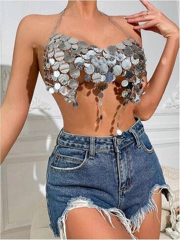 Women's Metallic Sequin Halter Body Chain Top, Adjustable Size, Backless Design, Festival Rave Outfit（Silver） in Saudi Arabia