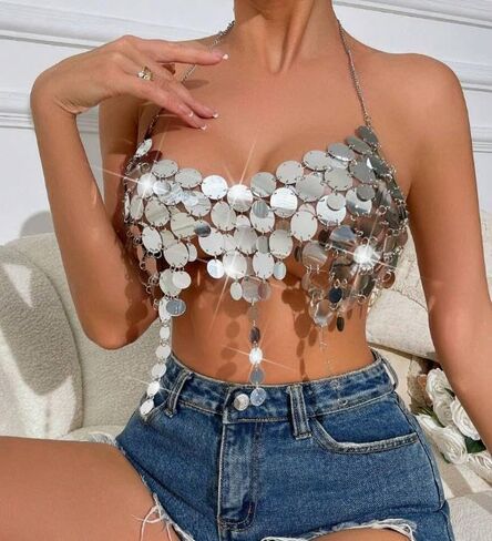 Women's Metallic Sequin Halter Body Chain Top, Adjustable Size, Backless Design, Festival Rave Outfit（Silver） in Saudi Arabia