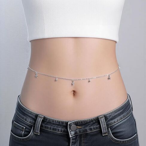 Silver Belly Chain for Women - Adjustable Waist Chain with Star Charm, 316L Stainless Steel Non-Tarnish Stomach Chain, Y2K Silver Waist Jewelry for Beach Vacation, Pool Party & Music Festival in Saudi Arabia