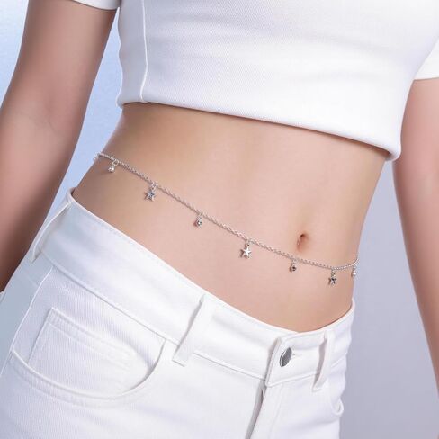 Silver Belly Chain for Women - Adjustable Waist Chain with Star Charm, 316L Stainless Steel Non-Tarnish Stomach Chain, Y2K Silver Waist Jewelry for Beach Vacation, Pool Party & Music Festival in Saudi Arabia