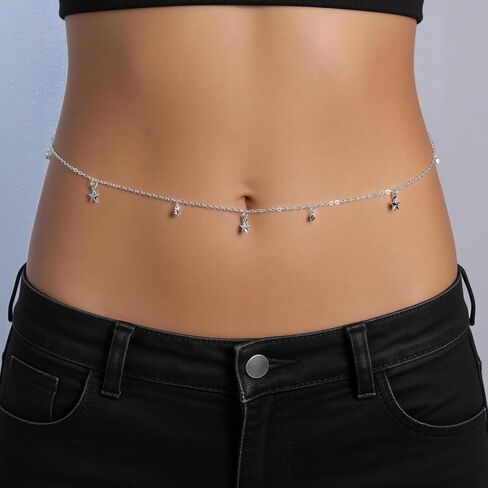 Silver Belly Chain for Women - Adjustable Waist Chain with Star Charm, 316L Stainless Steel Non-Tarnish Stomach Chain, Y2K Silver Waist Jewelry for Beach Vacation, Pool Party & Music Festival in Saudi Arabia