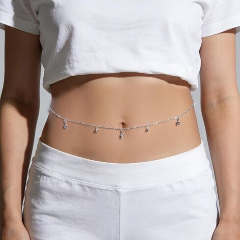 Silver Belly Chain for Women - Adjustable Waist Chain with Star Charm, 316L Stainless Steel Non-Tarnish Stomach Chain, Y2K Silver Waist Jewelry for Beach Vacation, Pool Party & Music Festival in Saudi Arabia