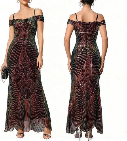 VJJ AIDEAR Women’s Off Shoulder Sequin Prom Dress Spaghetti Straps Evening Gown with Sparkly Glitter in Saudi Arabia