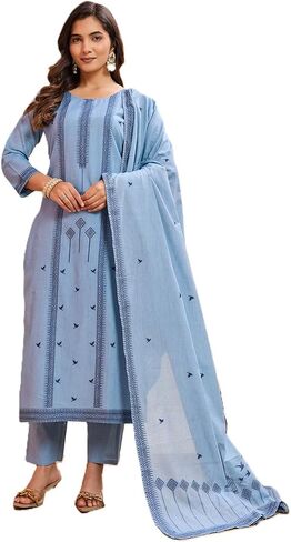 Women's Cotton Jacquard Work Printed Straight Kurta With Palazzo & Dupatta Set in Kuwait