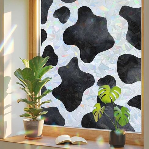 Cow Printed Window Privacy Film Rainbow Static Cling Stain Glass Window Film for Glass Door, Decorative Sunroof Decal Sticker for Car Bathroom Home 19.6"x39.3" Farmhouse Black White Animals Textured in Saudi Arabia