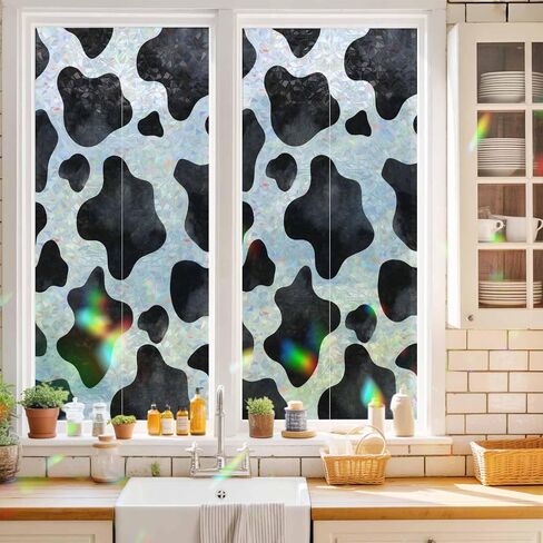 Cow Printed Window Privacy Film Rainbow Static Cling Stain Glass Window Film for Glass Door, Decorative Sunroof Decal Sticker for Car Bathroom Home 19.6"x39.3" Farmhouse Black White Animals Textured in Saudi Arabia
