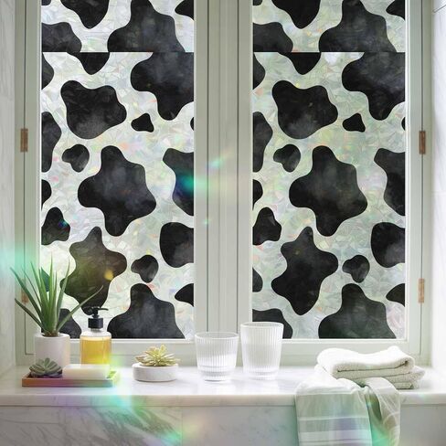 Cow Printed Window Privacy Film Rainbow Static Cling Stain Glass Window Film for Glass Door, Decorative Sunroof Decal Sticker for Car Bathroom Home 19.6"x39.3" Farmhouse Black White Animals Textured in Saudi Arabia