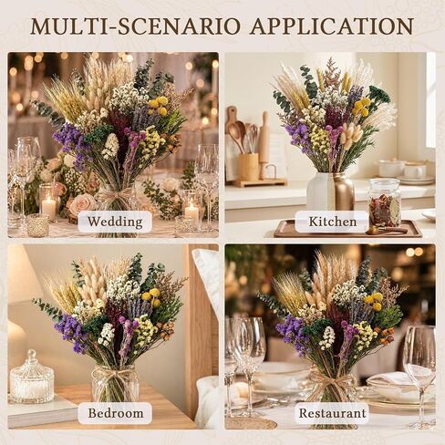 18 Kinds Natural Dried Flowers DIY Kit, 10~12 Inch Dry Flowers Arrangements, 130Pcs Handpicked Including Lavender & Roes & Wheat, for Home Office Wedding Decor in Saudi Arabia