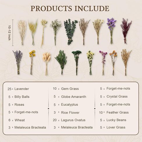 18 Kinds Natural Dried Flowers DIY Kit, 10~12 Inch Dry Flowers Arrangements, 130Pcs Handpicked Including Lavender & Roes & Wheat, for Home Office Wedding Decor in Saudi Arabia
