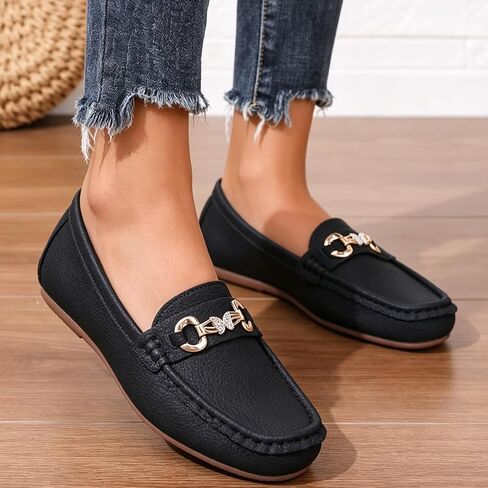Women's Faux Leather Bit Loafers - Slip-On Moccasin Shoes with Rhinestone Horsebit for Casual Daily & Office Wear in Kuwait