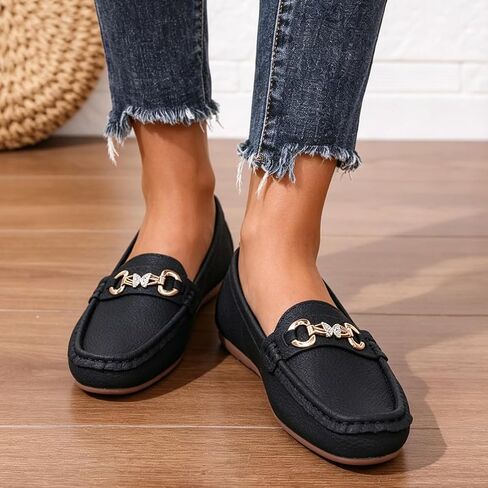 Women's Faux Leather Bit Loafers - Slip-On Moccasin Shoes with Rhinestone Horsebit for Casual Daily & Office Wear in Kuwait