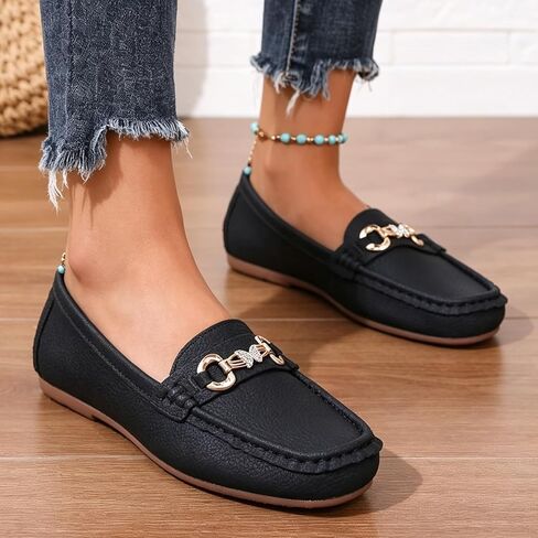 Women's Faux Leather Bit Loafers - Slip-On Moccasin Shoes with Rhinestone Horsebit for Casual Daily & Office Wear in Kuwait