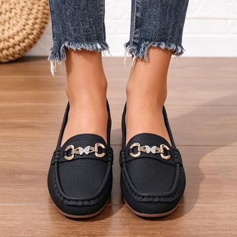 Women's Faux Leather Bit Loafers - Slip-On Moccasin Shoes with Rhinestone Horsebit for Casual Daily & Office Wear in Kuwait