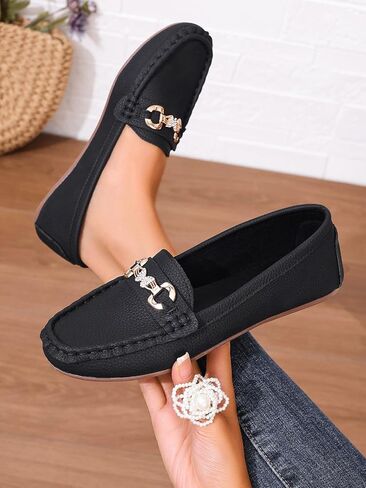 Women's Faux Leather Bit Loafers - Slip-On Moccasin Shoes with Rhinestone Horsebit for Casual Daily & Office Wear in Kuwait