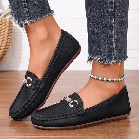 Women's Faux Leather Bit Loafers - Slip-On Moccasin Shoes with Rhinestone Horsebit for Casual Daily & Office Wear in Kuwait