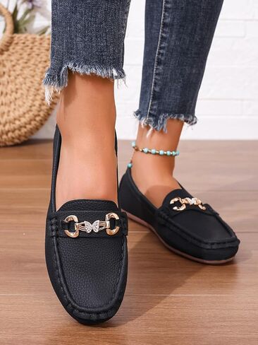 Women's Faux Leather Bit Loafers - Slip-On Moccasin Shoes with Rhinestone Horsebit for Casual Daily & Office Wear in Kuwait