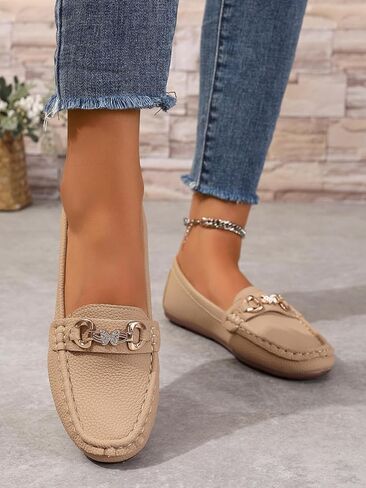 Women's Faux Leather Bit Loafers - Slip-On Moccasin Shoes with Rhinestone Horsebit for Casual Daily & Office Wear in Kuwait