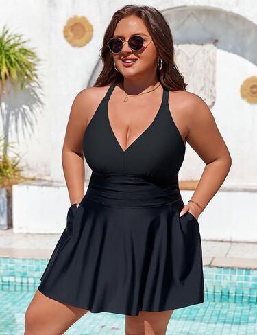 Charmo Women's Plus Size Swimsuit with Side Pockets One Piece Tummy Control Bathing Suit Push Up V Neck Swim Dress 2026 in Kuwait