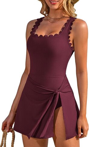 Charmo One Piece Swim Dress Scalloped Square Neck Modest Swimsuits for Women Tummy Control Bathing Suit with Skirt in Kuwait