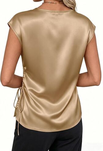 EVALESS Satin Blouses for Women Dressy Casual Silk V Neck Cap Sleeve Pleated Shirts Business Work Tops in Kuwait