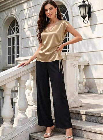 EVALESS Satin Blouses for Women Dressy Casual Silk V Neck Cap Sleeve Pleated Shirts Business Work Tops in Kuwait