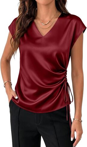 EVALESS Satin Blouses for Women Dressy Casual Silk V Neck Cap Sleeve Pleated Shirts Business Work Tops in Kuwait