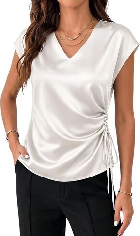 EVALESS Satin Blouses for Women Dressy Casual Silk V Neck Cap Sleeve Pleated Shirts Business Work Tops in Kuwait