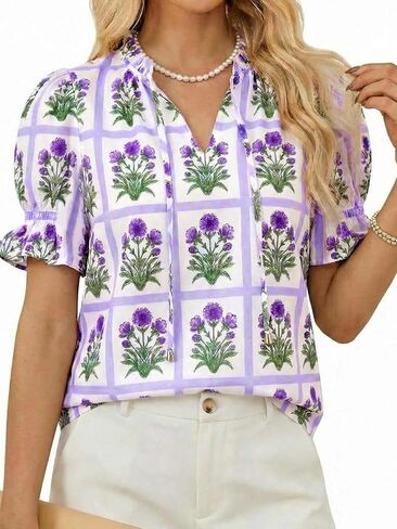 Tankaneo Womens Summer Floral Ruffle V Neck Blouses Dressy Casual Puff Short Sleeve Loose Fit Boho Shirts Tops in Kuwait