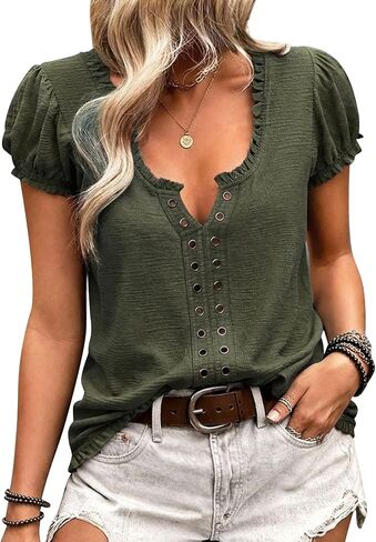 Flamingals Notched Neck Puff Sleeve Blouses for Women Frill Trim Eyelet Front Tops Dressy Casual Shirts in Kuwait