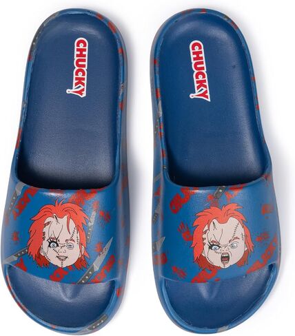 Chucky Pool Sandals Men's Blue All-Over Print Pool Slides - Quick-Dry Beach Doll Motifs Flip-flops, Adult Sizes 8/9-12 Water Shoes for Fans in Kuwait