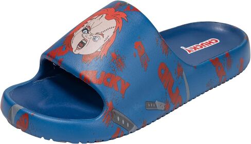 Chucky Pool Sandals Men's Blue All-Over Print Pool Slides - Quick-Dry Beach Doll Motifs Flip-flops, Adult Sizes 8/9-12 Water Shoes for Fans in Kuwait