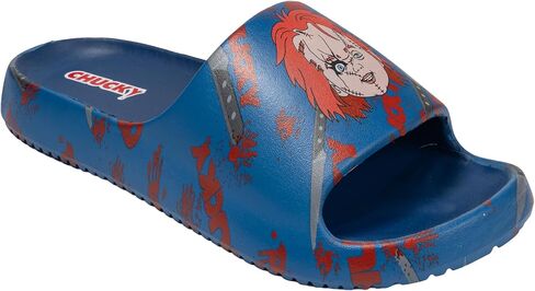 Chucky Pool Sandals Men's Blue All-Over Print Pool Slides - Quick-Dry Beach Doll Motifs Flip-flops, Adult Sizes 8/9-12 Water Shoes for Fans in Kuwait