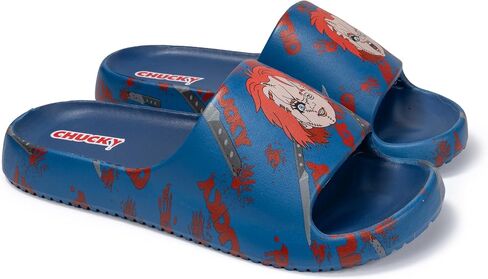 Chucky Pool Sandals Men's Blue All-Over Print Pool Slides - Quick-Dry Beach Doll Motifs Flip-flops, Adult Sizes 8/9-12 Water Shoes for Fans in Kuwait