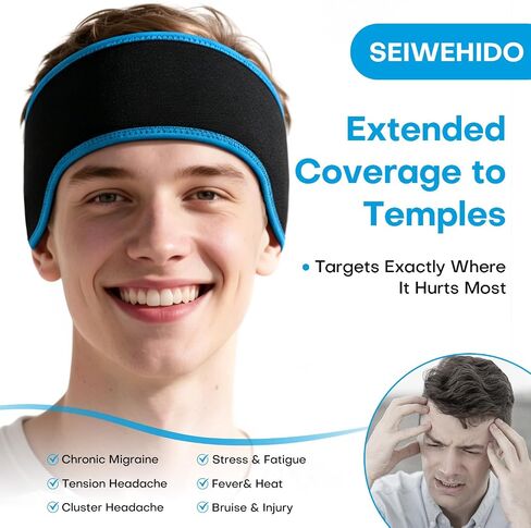 Headache Ice Pack Head Wrap for Migraines Reusable Gel Forehead Ice Pack for Injuries Cold Pack Head Ice Therapy Wrap for Headache Relief Fever Tension Sinus Pain Chemo Head Injuries Stress (Black) in Saudi Arabia
