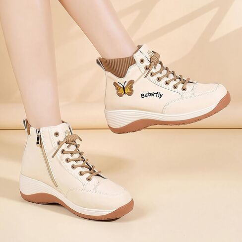 Women's Leather Platform High Top Sneakers with Side Zip Cute Round Toe Stretchy Non-Slip Outdoor Sneakers Daily Office Walking Sports Ankle Boots in Kuwait