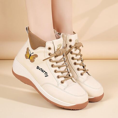 Women's Leather Platform High Top Sneakers with Side Zip Cute Round Toe Stretchy Non-Slip Outdoor Sneakers Daily Office Walking Sports Ankle Boots in Kuwait
