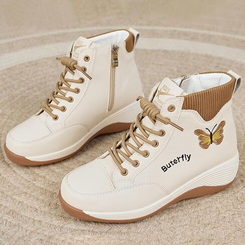 Women's Leather Platform High Top Sneakers with Side Zip Cute Round Toe Stretchy Non-Slip Outdoor Sneakers Daily Office Walking Sports Ankle Boots in Kuwait