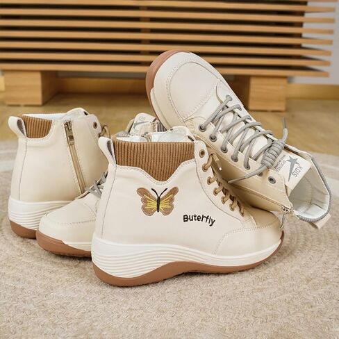 Women's Leather Platform High Top Sneakers with Side Zip Cute Round Toe Stretchy Non-Slip Outdoor Sneakers Daily Office Walking Sports Ankle Boots in Kuwait