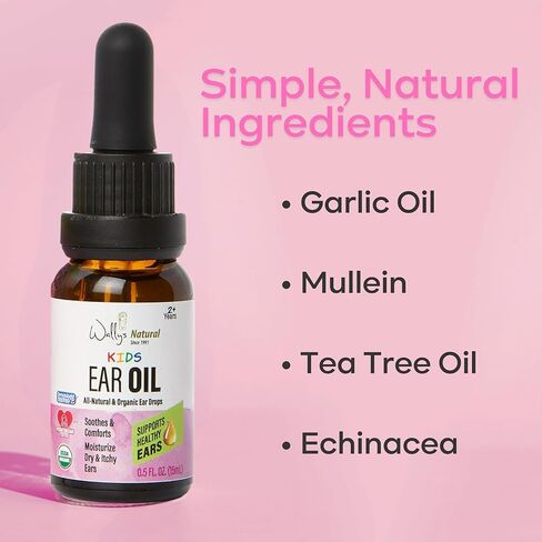 Wally's Natural Organic Kids Ear Oil Drops, Comforts & Soothes Ears, Pediatrician-Consulted, Safe for Kids 2+, Infused with Garlic, Mullein, Tea Tree & Echinacea, 0.5 Fl Oz in Saudi Arabia