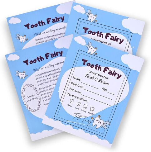 22 Pack Tooth Fairy Certificates for Kids, Double-Sided Sturdy Tooth Fairy Cards with Tooth Chart to Color, Lost Tooth Notes for Children, Tooth Fairy Keepsakes (White and Blue, 4.25 x 5.5 inch) in Kuwait
