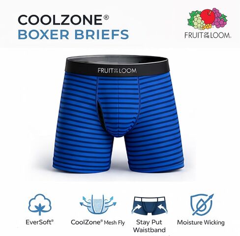 ملابس داخلية رجالي من Fruit of the Loom Coolzone، ماصة للرطوبة وجيدة التهوية، عبوات متعددة الألوان - 6 قطع - خطوط متنوعة/ مقاس كبير سادة in Kuwait