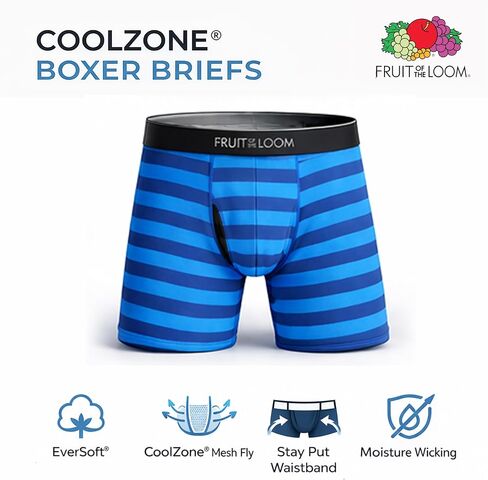 ملابس داخلية رجالي من Fruit of the Loom Coolzone، ماصة للرطوبة وجيدة التهوية، عبوات متعددة الألوان - 6 قطع - خطوط متنوعة/ مقاس كبير سادة in Kuwait
