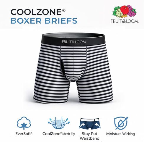 ملابس داخلية رجالي من Fruit of the Loom Coolzone، ماصة للرطوبة وجيدة التهوية، عبوات متعددة الألوان - 6 قطع - خطوط متنوعة/ مقاس كبير سادة in Kuwait