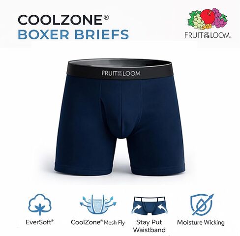 ملابس داخلية رجالي من Fruit of the Loom Coolzone، ماصة للرطوبة وجيدة التهوية، عبوات متعددة الألوان - 6 قطع - خطوط متنوعة/ مقاس كبير سادة in Kuwait