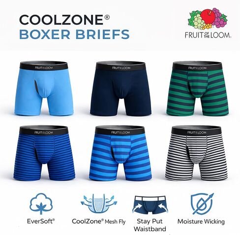 ملابس داخلية رجالي من Fruit of the Loom Coolzone، ماصة للرطوبة وجيدة التهوية، عبوات متعددة الألوان - 6 قطع - خطوط متنوعة/ مقاس كبير سادة in Kuwait